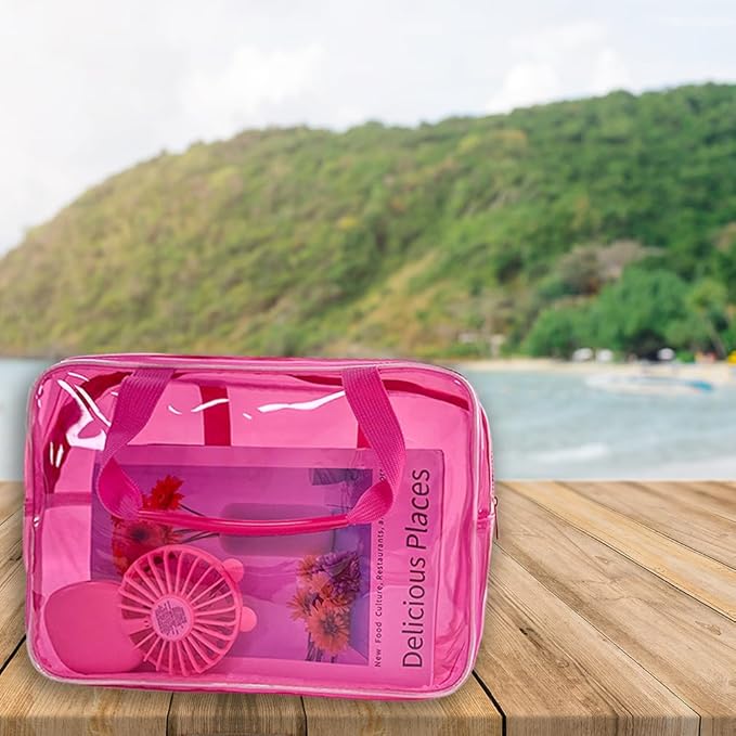 Pink PVC Pure Color Transparent Gift Pouch Wash Travel Makeup Cosmetic Bag with Handle for Travel Bathroom Toiletry Organizer (Pink)