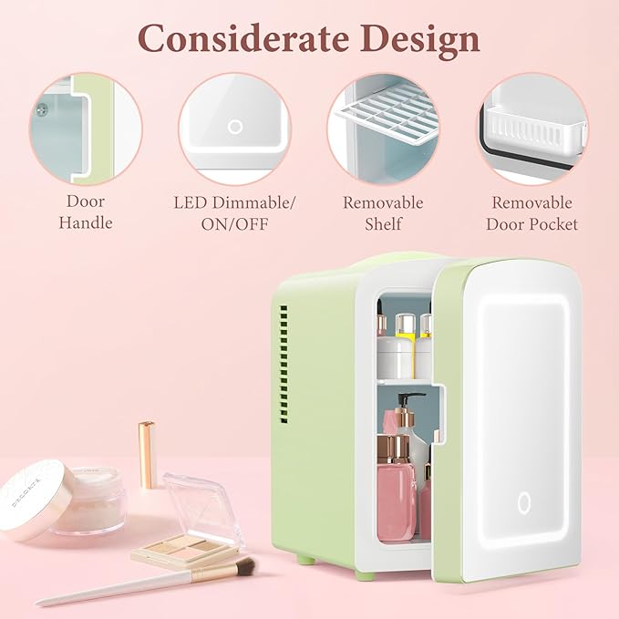 Xbeauty Skincare Mini Fridge With Dimmable LED Mirror, 4L Mini Makeup Refrigerator for SkinCare, Cosmetics, Food & Drinks, Portable Small Refrigerator for Bedroom, Dorm, Car, Office, Green