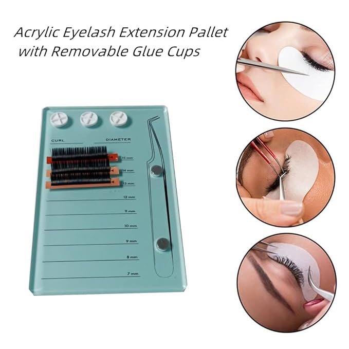 Eyelash Grafting Pallet, Acrylic Lash Tile holder, 7-15mm Scale Glue Cups Eyelash Extensions Storage Gasket Pads with Suction for Tweezers (blue)