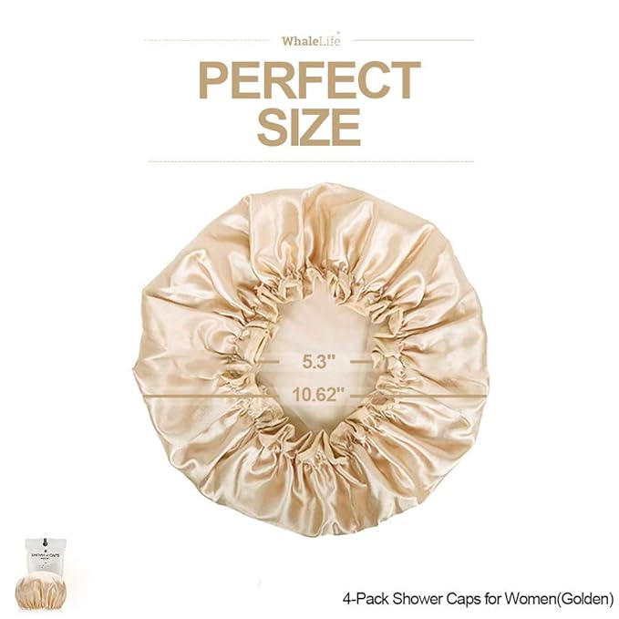 Shower Cap for Women Reusable Extra Large Shower Cap for Men (Golden 4 Pack Large) Satin Double Layer EVA Waterproof Long Hair Cap