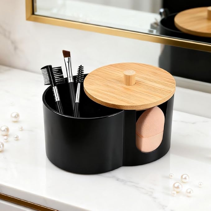 Dual-Compartment Cotton Swab & Pad Organizer with Removable Dustproof Lid, Bathroom Accessories Storage Organizer for Swabs, Cotton-Pads(COLOR:black)