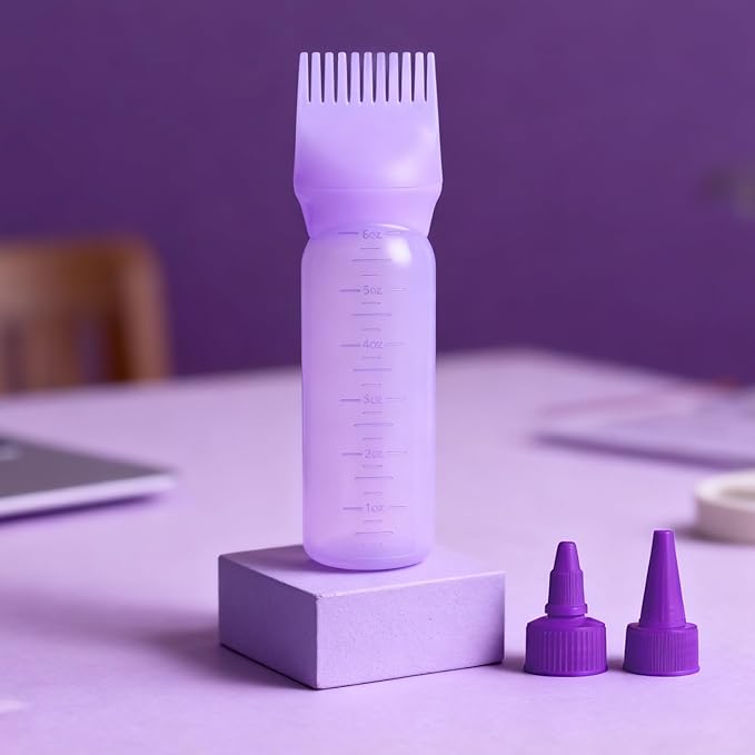 Root Comb Applicator Bottle Oil Applicator for Hair Dye Hair Oiling Bottle with 2 Types Caps and Graduated Scale, 6 Ounce (Purple)