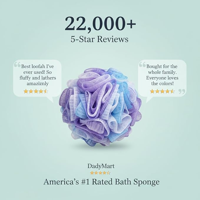 Shower Loofah Sponge Pouf – XL Exfoliating Bath Puff Body Scrubber, Soft Mesh Shower Sponge with Reinforced Knot, Rich Lather, Set of 4 for Women and Men
