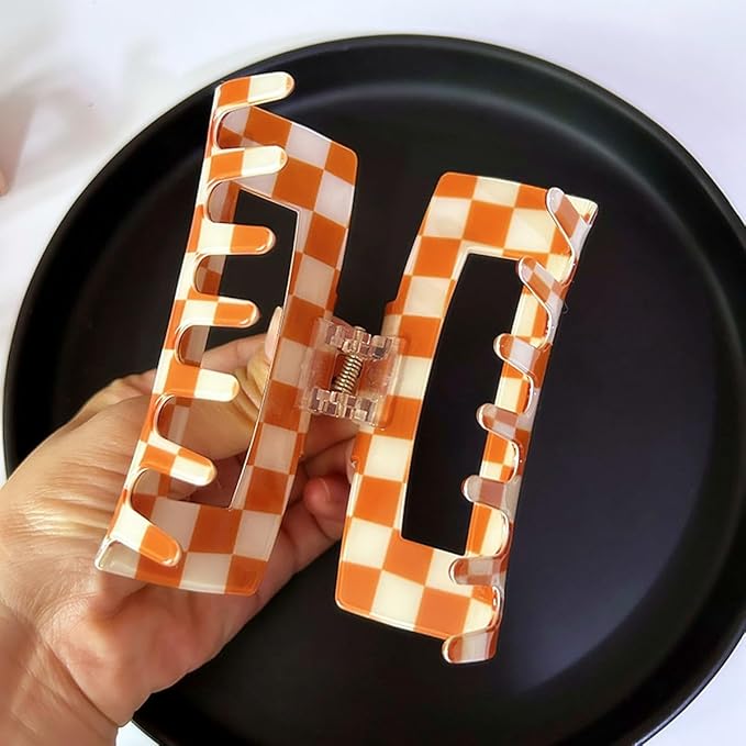 Checkered Rectangle Hair Claw Clips, Large Acrylic Multicolored Square Checker Barrettes for Thin Thick Hair Cute Non Slip Hair Jaw Clips Strong Hold Rectangle Claw Clamps for Women Ladies (4 Pack)