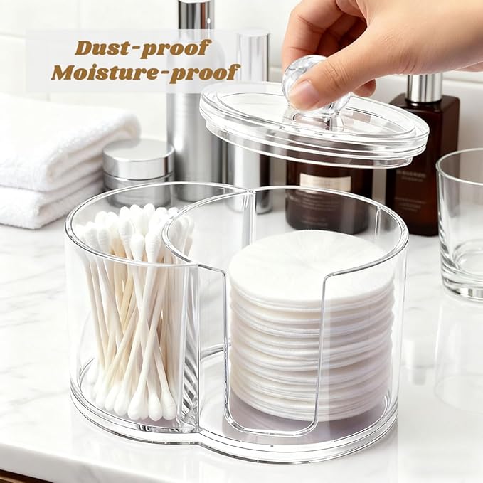 Dual-Compartment Cotton Swab & Pad Organizer with Removable Dustproof Lid, Bathroom Accessories Storage Organizer for Swabs, Cotton-Pads(COLOR:Transparent)