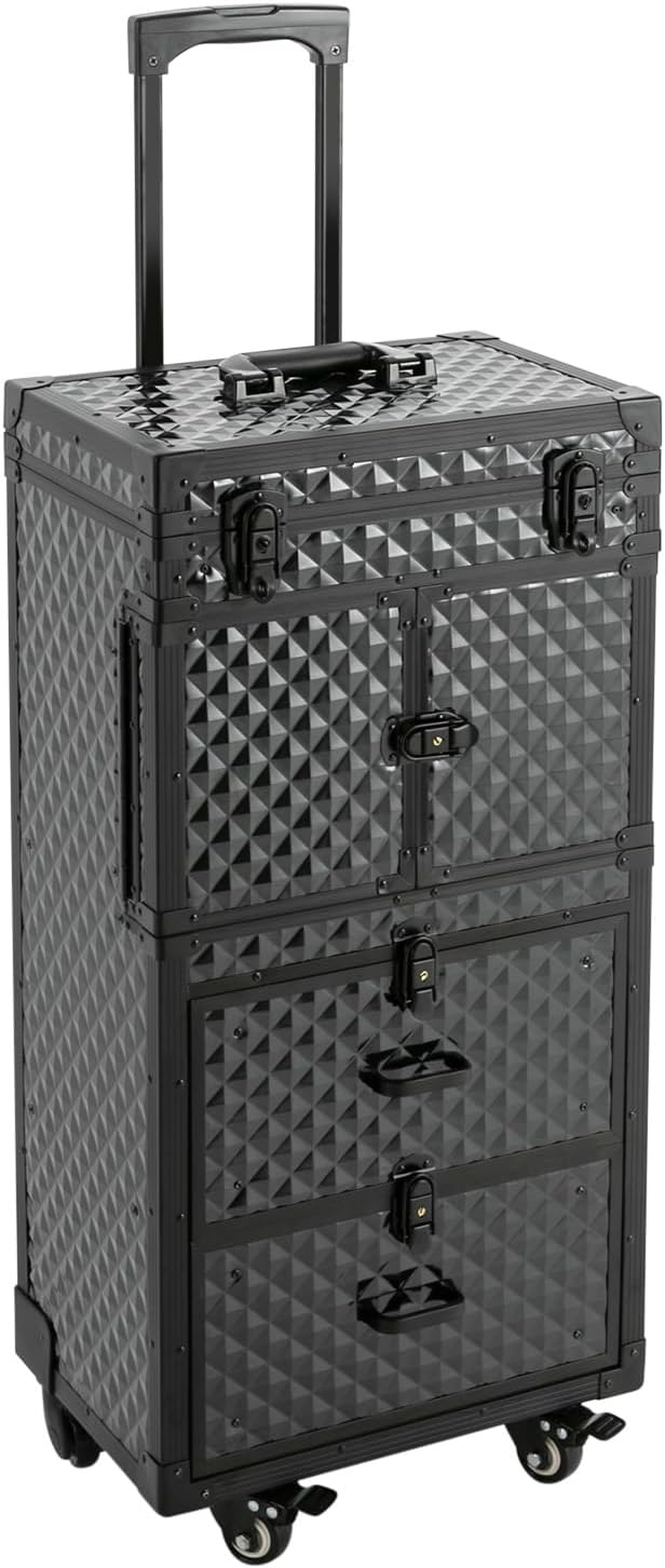 Rolling Lockable Makeup Train Case With Metal Universal Wheel, Cosmetic Storage Box Cases, 32In-Retro Travel Organizer Tool Box w/Combination Locks for Stylist, Beauty, Makeup Artist (Black2)