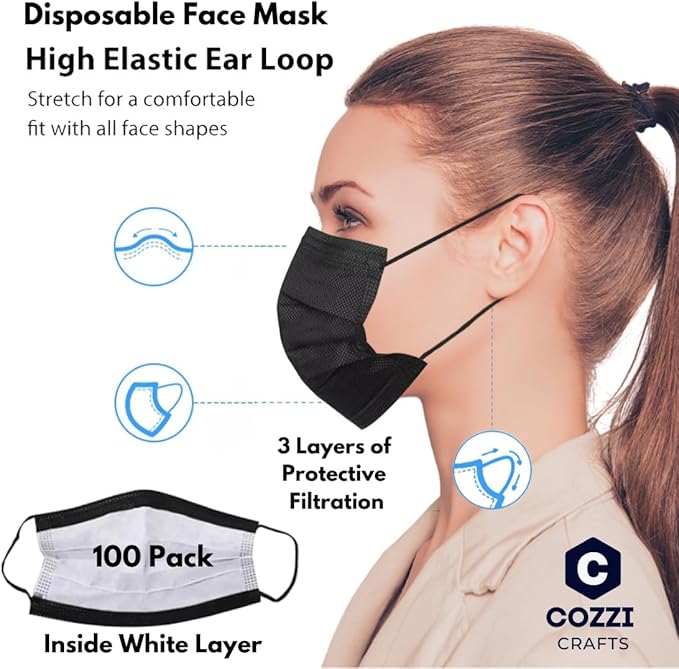 Black Face Masks, 3-Ply Black Masks Disposable 100 Pk (Premium Comfort Soft White Inside) Breathe Easy