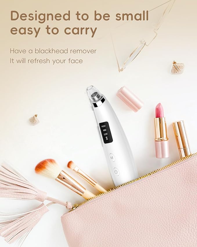 Rechargeable Blackhead Vacuum Pore Cleaner - 5 Attachments & 3 Suction Levels for Deep Facial Cleansing, USB-Powered Blackhead Remover for Women and Men (White)