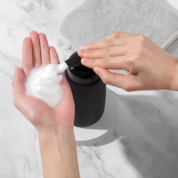 Foaming Hand Soap Dispenser Ceramic Jar Foam Dish Soap Dispenser for Bathroom and Kitchen Sink, Liquid Pump Bottle for Shampoo, Body Wash, Hand Soap, Black, 2 Pack