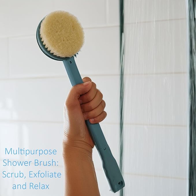 Bath Body Brush 15" Long Handle Back Shower Brush Exfoliating Back, Body and Feet Scrubber (Blue)