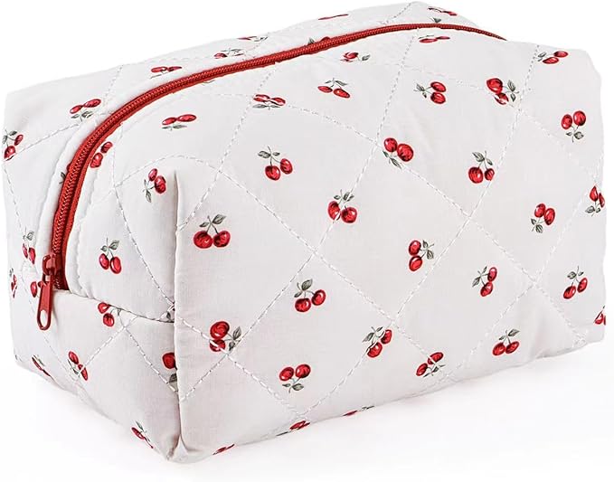 Floral Makeup Bag,Floral Quilted Makeup Pouch,Large Cosmetic Bag,Fashionable Travel Makeup Pouch, Cute Cherry Make up Bag,Puffy Coquette Makeup Bag, Attractive Quilted Make up Bag