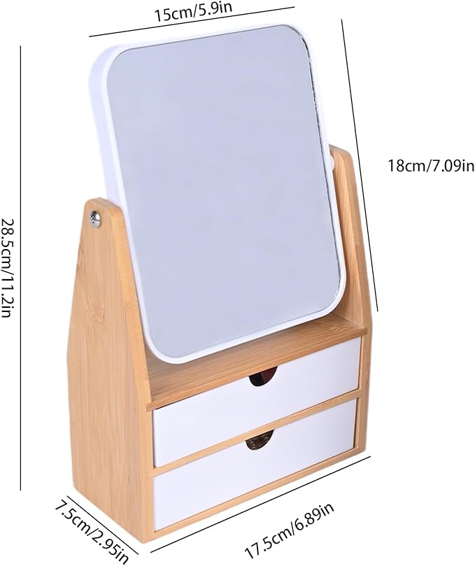 1x / 5X Magnifying Makeup Mirror, Jewelry and Cosmetics Storage Box with Double Drawers, Adjustable Natural Bamboo Stand, 360° rotatable Vertical Desktop Mirror (1, Rectangle)