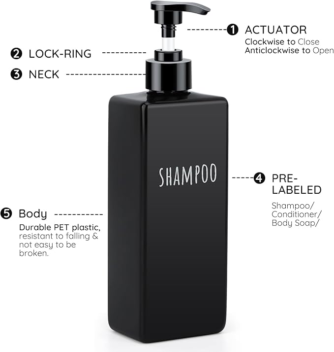 Segbeauty 6pcs 16.9oz Refillable Soap Dispenser Set, Empty Plastic Hand Soap Dispenser, 500ml Square Black Hand Wash Dispensers, Press Pump Shampoo and Conditioner Bottle for Shower Bathroom Kitchen