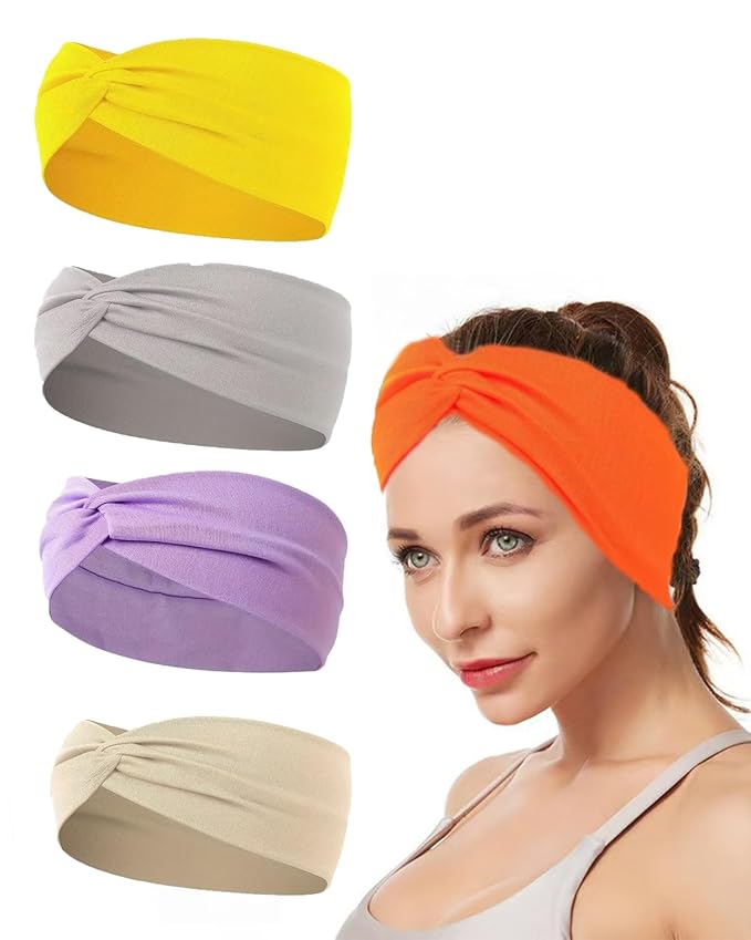 10 Pcs Wide Absorbent Sport Headbands for Women, Non-slip, Stretchy, Soft Cotton Twist Knotted Hair Bands for Daily Workout Yoga Running Sports, BA