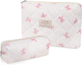 2PC Makeup Bag Set, Cute Cosmetic Bag for Women Girls, Floral Coquette Aesthetic Toiletry Bag, Travel Make Up Organizer Bag (White Pink Butterfly Flower)
