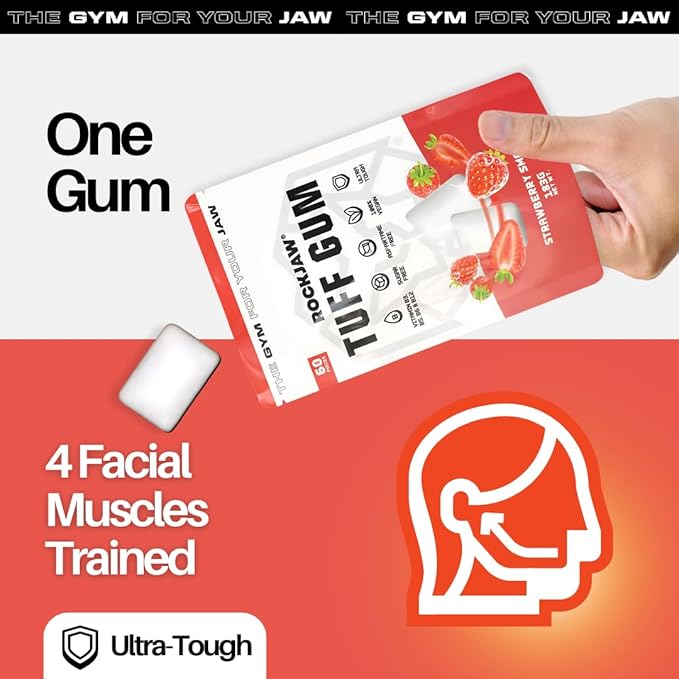 ROCKJAW® Tuff Gum | Ultra-Hard Jawline Chewing Gum for a Sharper Jawline | Vitamin B3, B5, B6 & B12 | 1350mg Xylitol | Sugar-Free | Aspartame-Free | 60 Pieces | Strawberry Smash