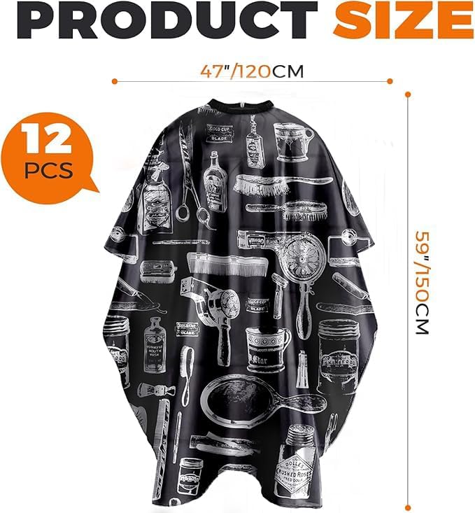 Barber Cape - 12pcs Waterproof Hair Cutting Cape with Snap Closure, Anti-Static Salon Apron for Women, Men, Kids - Professional & Home Use White and black pattern