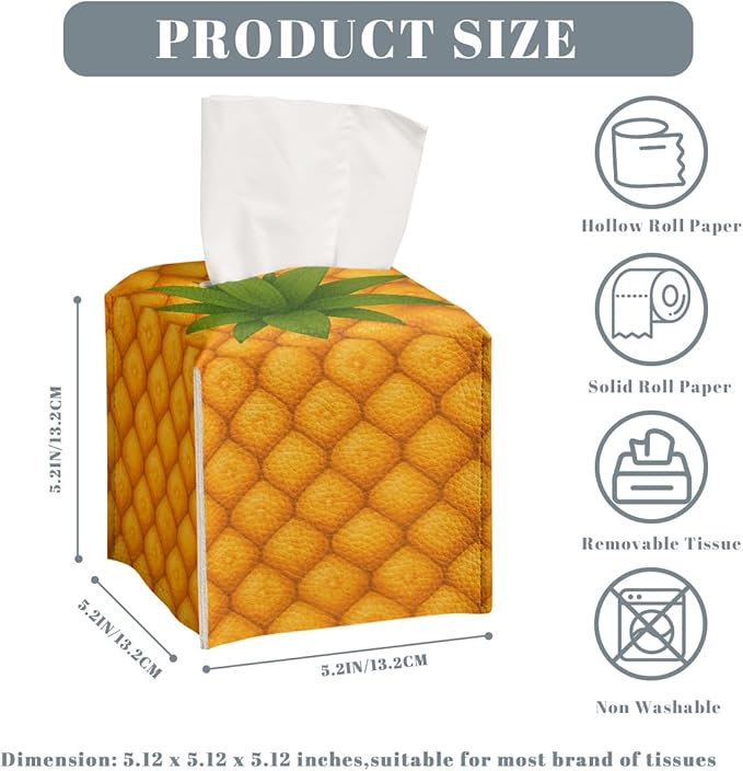 Funny Fruit Tissue Box Cover Summer Cute Yellow Pineapple Leather Tissue Box Holder Square Facial Paper Organizer Dispenser for Car Bathroom Bedroom Office Tabletop Decor