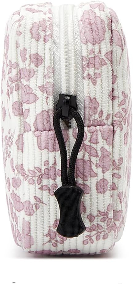 Small Makeup Bag for Purse,Mini Cosmetics Bag cute Zipper corduroy Cosmetic Pouch Storage Pouch Travel Toiletry Organizer for Women Girls(Plants Pink)
