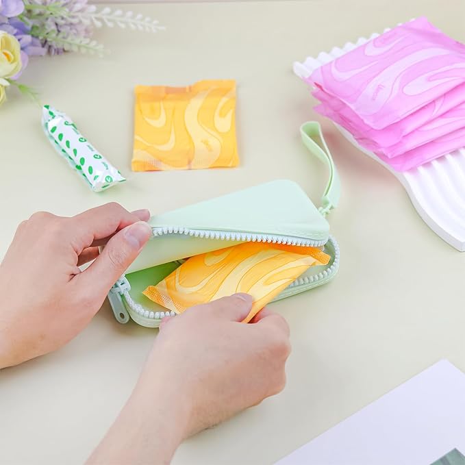 Silicone Period Bags, 2 Pcs Tampon Holder for Purse with Zipper & Handle, Sanitary Napkin Storage Bag for Purse, Keeping Discreet Feminine Products, Black and Green