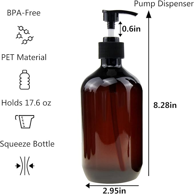Empty Plastic Bottles with Pump Dispenser and Labels Included, Refillable Travel Containers for Hand sanitizer Shampoo Lotion, etc - No BPA/Parabenf, 500ml/16.9oz (Amber, 6 Pack)
