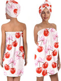 Women's Cherry Bow Towel Wrap and Hair Drying Cap Set – Pink Microfiber Shower Wrap with Red Cherries & Bows – Cute Quick Dry Spa Gift for Girls & Teens (Cherry 2)