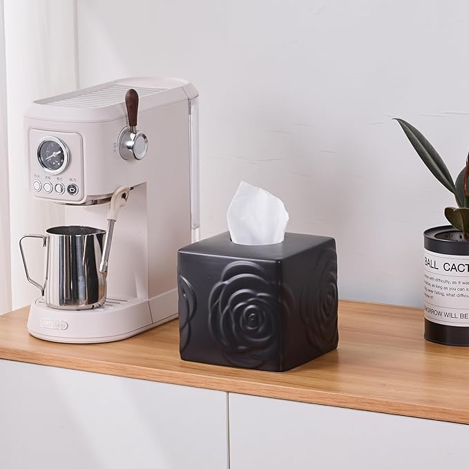 Black Ceramic Rose Tissue Box Cover, Carved Flowers Large Square Tissue Box Holder Decorative for Bathroom, Vanity, Kitchen Countertop, Bedroom Night Stands, Office Desk Top