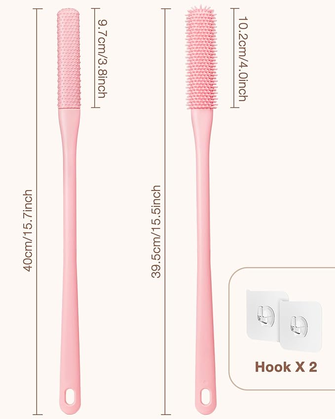 2 Pack Toe Cleaning Brush,15.7" Long Handle Silicone Foot Scrubber Bath Brush Bathroom Cleaner for Seniors Elderly Men and Women (Pink)