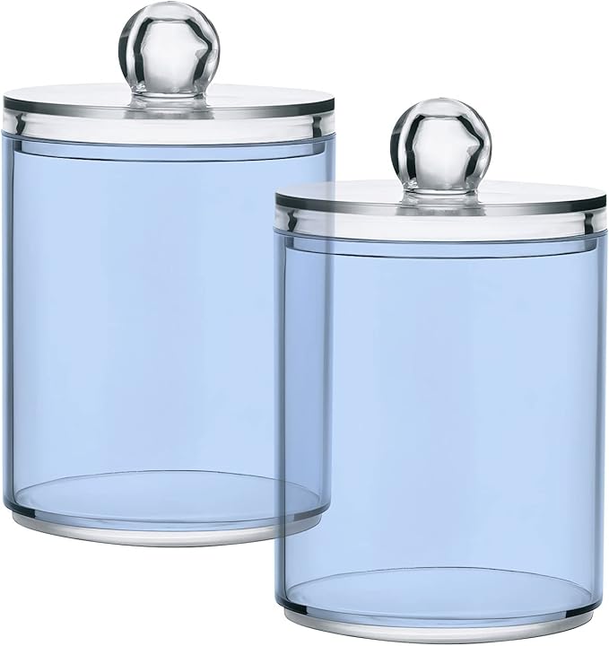 Light Steel Blue Qtip Holder Organizer Dispenser Cotton Swabs Cans Plastic Jars with Lid Set 4 Pack Bathroom Storage Canister for Cotton Ball Floss Cotton Pads