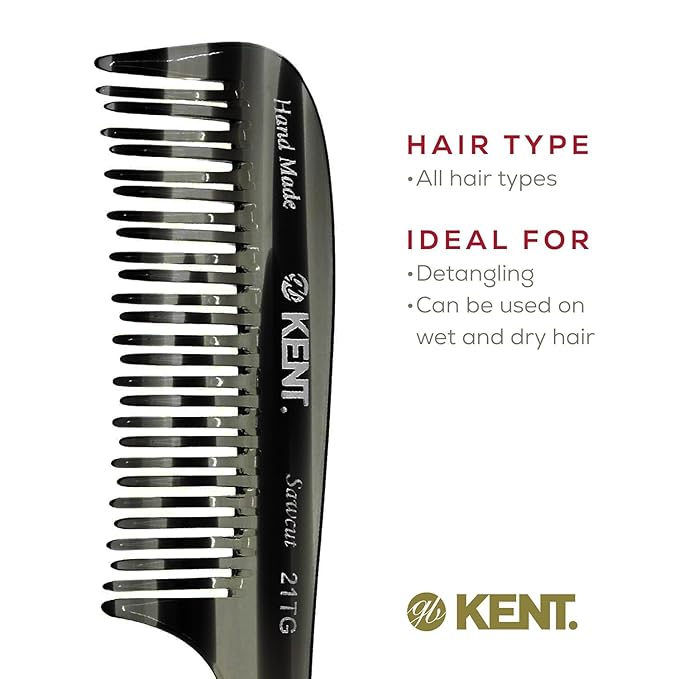 Kent 21T Large Hair Detangling Comb, Double Wide Tooth Comb for Curly Wavy Hair, Detangler for Wet and Dry Hairs, Saw-Cut, Handmade Kent Combs