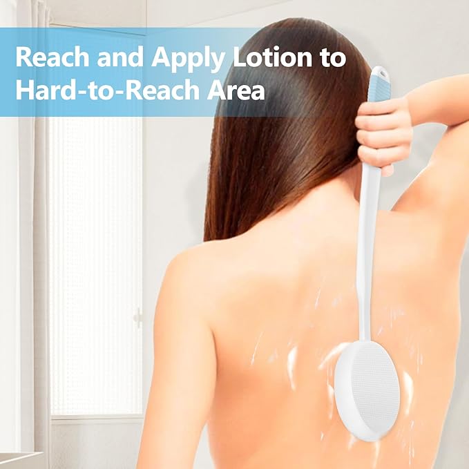 19'' Lotion Applicator for Back, Long White Handle Back Lotion Applicator with Blue Non-Slip Grip & 3 Washable White Pads, Suitable for Sunscreen, Tanning & Moisturizers, for All Ages
