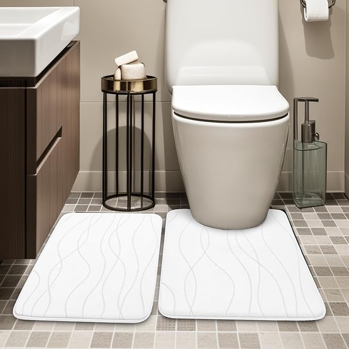 YIHOUSE Memory Foam Bathroom Rug Sets 2 Piece, Ultra Absorbent Bath Mat for Bathroom - Non-Slip Machine Washable & Dry Quickly, 2 Piece Bathroom Mat Set,White