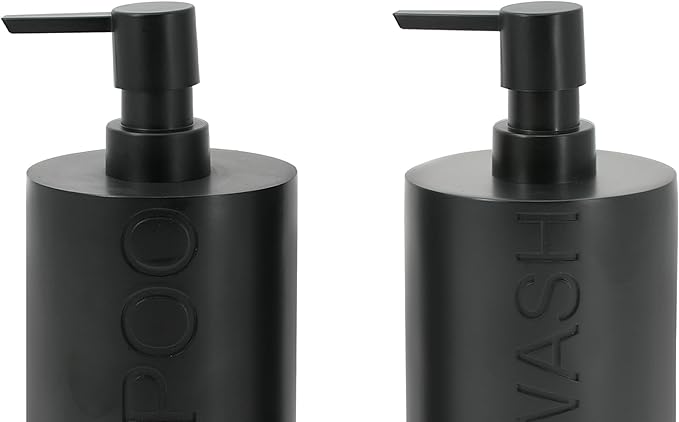 2-Pack Matte Black Resin Refillable Shampoo & Body Wash Bottles – Modern Bathroom Pump Dispenser Set, Durable Resin Shower Containers with Embossed Labels, Reusable Pump Bottle