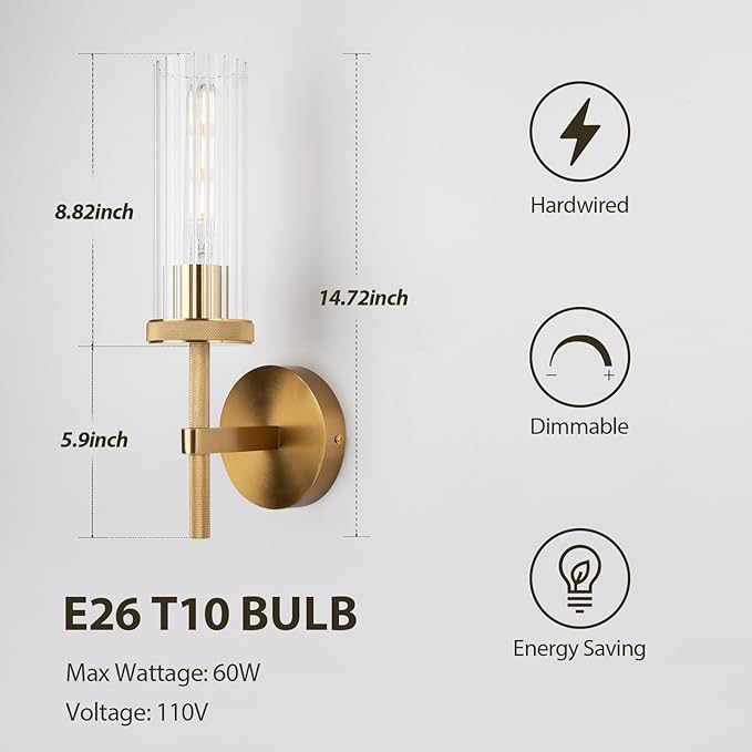 15" Knurled Gold Hardwired Wall Sconces Set of 2, Bathroom Vanity Light Fixtures with Vertical Striped Glass Tube, Modern Lamp Lighting for Bedroom, Living Room, Hallway, Staircase, Mirror, Kitchen