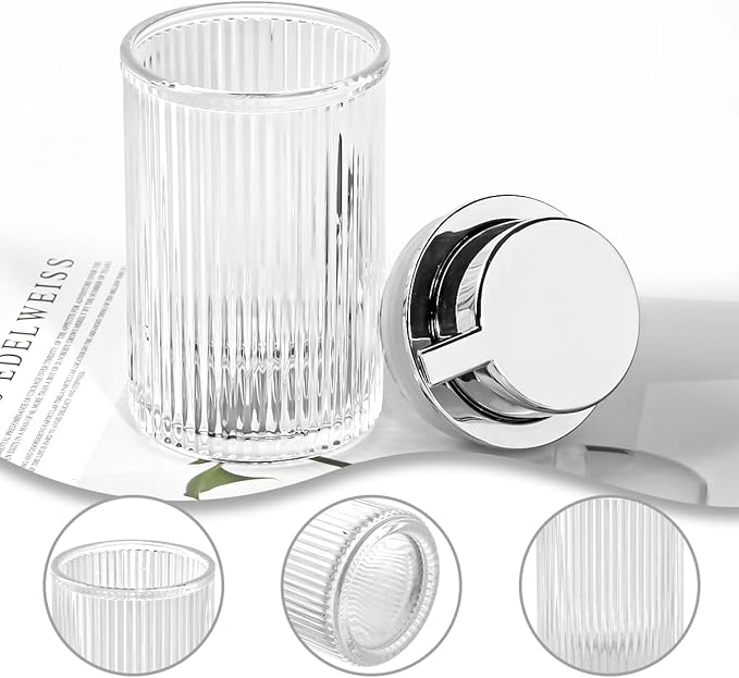 Foaming Soap Dispenser, 12 Oz Thick Glass Foam Hand Soap Dispenser, Refillable Glass Foam Pump Bottle Container Decorative Slim Ribbed Bottle for Bathroom and Kitchen (1, Clear Silver)