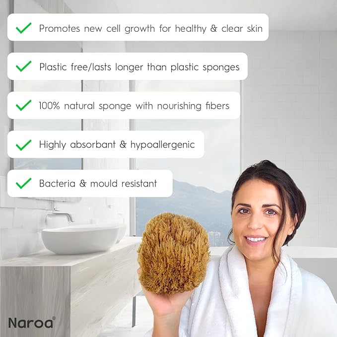 Naroa Exfoliating Natural Sponge for Shower | Bath Sea Loofah for Healthy Skin | Unbleached Bathing Body Scrubber Puff | Sustainable Plastic Free (Small)