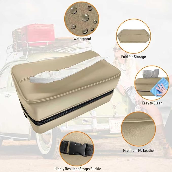 Large Car Tissue Holder for 120 Standard Tissues, Premium PU Leather Tissue Holder in Car Backseat Rectangular, Napkin Holder for Car Fits for Kleenex Tissues Box Daily Use Black (1, Beige)