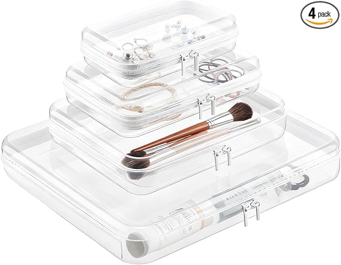 Clear PET Plastic Storage Boxes with Double Zippers, 4 Sizes (S/M/L/XL) Waterproof Organizer Cases for Toys, Cosmetics, Snacks, Travel Essentials (White)