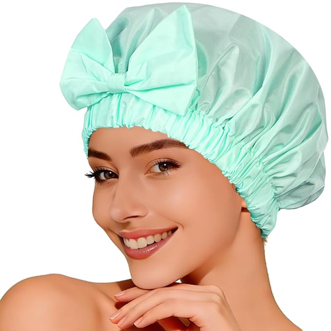 Reusable Shower Cap for Women with Stylish Bow, Non-Slip Waterproof Anti Humidity Bathing Cap, Roomy Anti Frizz for Short Medium Straight Wavy Hair, Soft Elastic & Machine Washable, Aqua