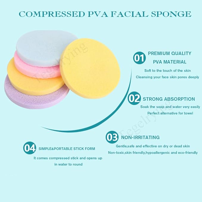Facial Sponge Compressed,240 Count PVA Professional Makeup Removal Wash Round Face Sponge Pads Exfoliating Cleansing for Women,Yellow,Pink,Purple,Blue