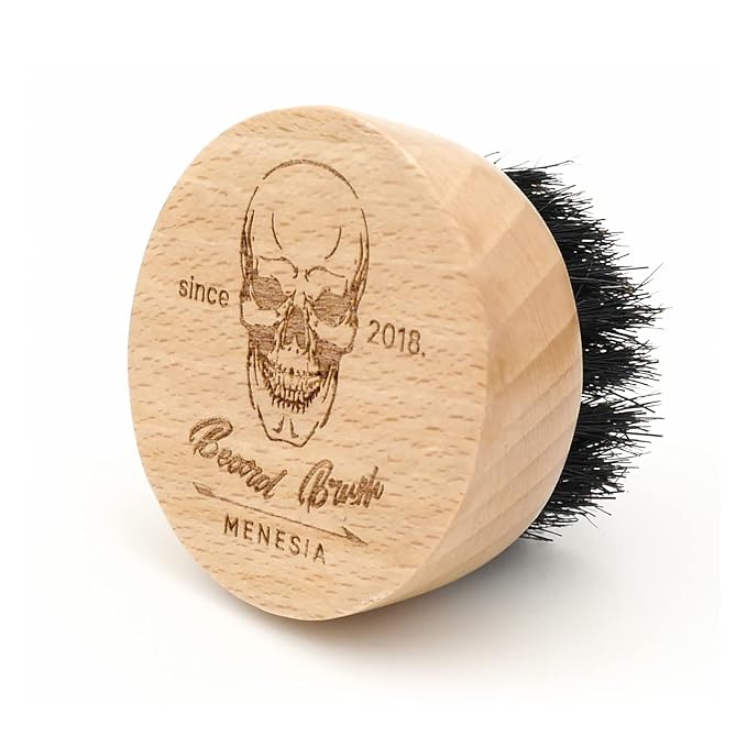 Small and Round Beard Brush, Pocket Travel Men's Wooden Boar Bristle Hair Beard Mustache Brush for Men (Skull)