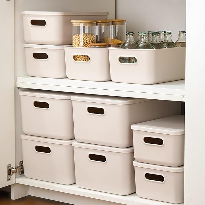 Ytteve Light Grey 2-Pack Large Plastic Storage Bins with Handles, 14.2" x 10" x 6.3" Stackable Organizer Containers for Kitchen Pantry, Closet, Bathroom, Office & Cabinet Drawers
