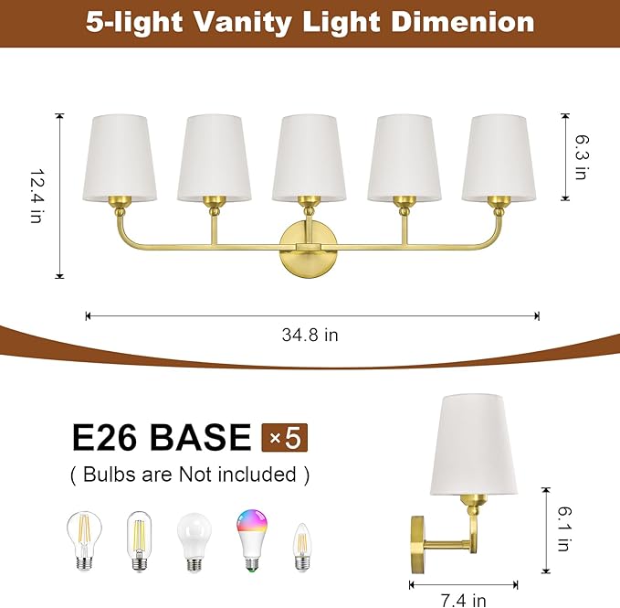 Bathroom Vanity Light, Brushed Gold Bathroom Light Fixtures, 5-Light Lighting Fixtures Over Mirror, Modern Wall Sconce with Flared White Fabric Shade, E26 Socket(ETL Listed)