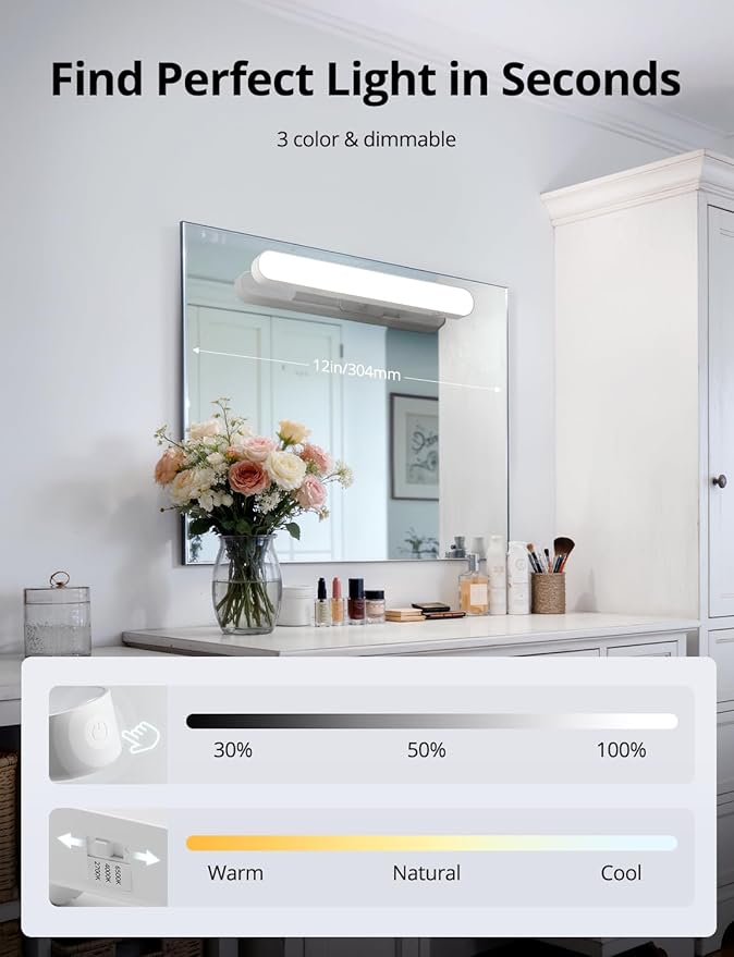 Combuh 2 Pack Battery Operated Bathroom Mirror Lights Bar for Vanity Stick on, Rechargeable 14 Days Extended Battery Life Bright Make up Lighting Cordless 360° Adjustable Luces para Espejo for Desk