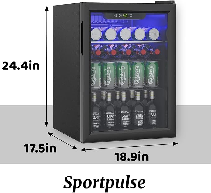 Compact Beverage Refrigerator, 2.6Cu.Ft/95 Can Mini Fridge with Glass Door and Digital Display, Small Drink Fridge with Adjustable Shelves for Soda, Beer, or Wine, Compact Fridge for Home