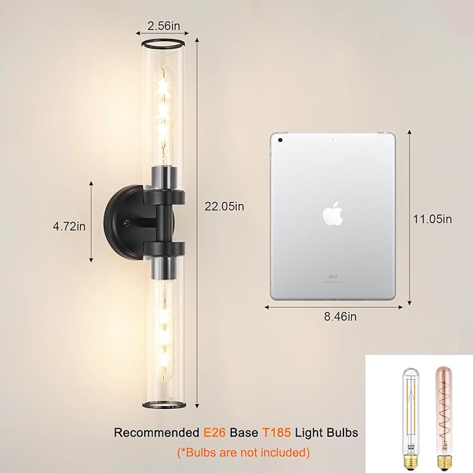 Matte Black Wall Sconces Set of 2, Modern Bathroom Vanity Lights for Mirror, Hardwired Glass Wall Light Fixtures with E26 Base (Bulbs Required) for Bathroom, Bedroom, Hallway, 22.05 Inch