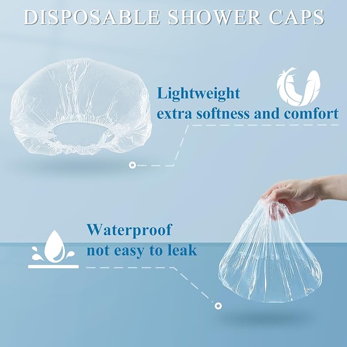 MORGLES 100 Pcs Disposable Shower Caps for Women, 18.1" Waterproof Plastic Shower Caps for Bathing, Hair Treatment, Conditioning in Home Hotel Travel