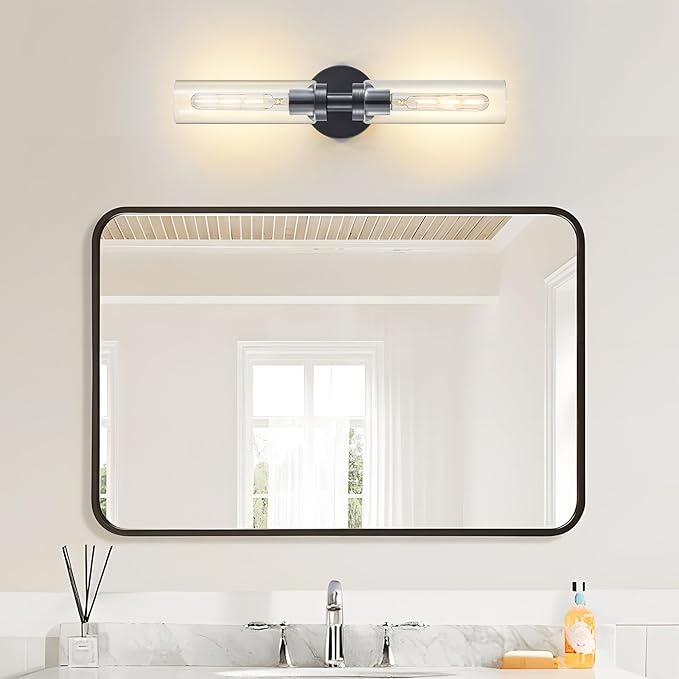 2 Light Bathroom Wall Sconce Set of 2,Modern Farmhouse Black Bathroom Light Fixture Over Mirror with Clear Glass Shade,Bathroom Vanity Light for Hallway Cabinet Bedroom Stairway Porch