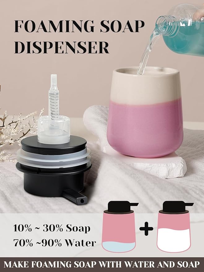 INGOFIN Ceramic Foaming Soap Dispenser - 12oz Foam Hand Soap Dispenser Bathroom, Refillable Modern Dish Dispenser with Pump for Kitchen, Beige and Pink
