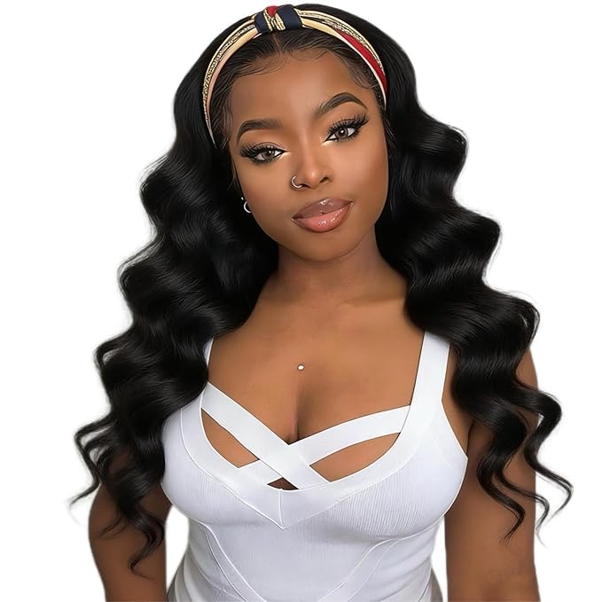 XSY Headband Wig Human Hair Body Wave Headband Wigs for Black Women Brazilian Glueless None Lace Front Wigs Wear and Go Half Wigs 150% Density Natural Color 22 Inch